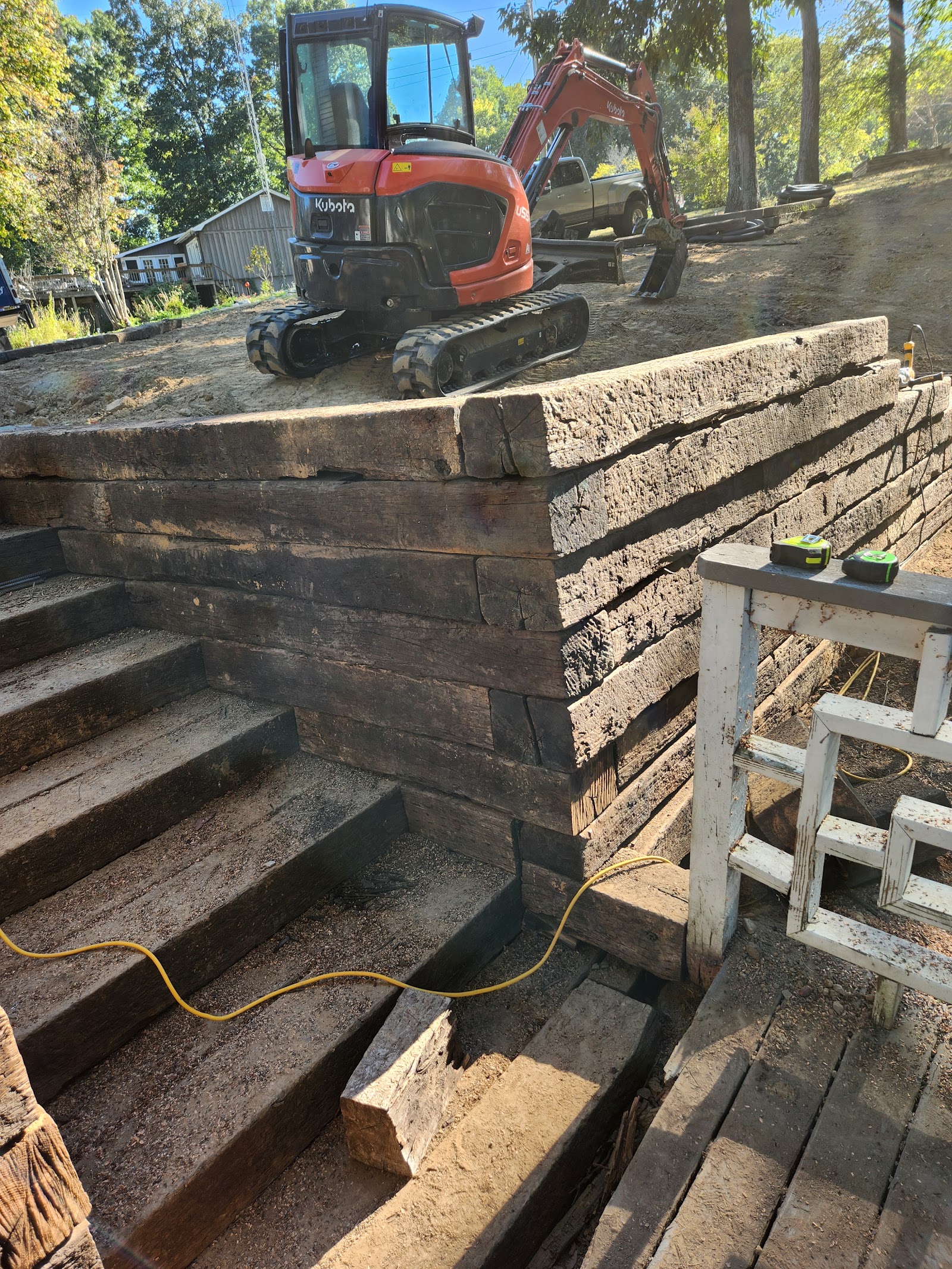 Timber retaining wall and steps built by Harris Dirt Works